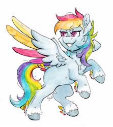 Size: 3417x3850 | Tagged: safe, artist:lightisanasshole, rainbow dash, pegasus, pony, g4, colored hooves, colored wings, female, grin, hair, high res, messy mane, missing cutie mark, multicolored hair, rainbow hair, redraw, simple background, smiling, solo, traditional art, unshorn fetlocks, watercolor painting, white background, wings