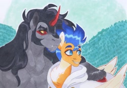 Size: 3875x2695 | Tagged: safe, artist:frozensoulpony, flash sentry, king sombra, pony, g4, chest fluff, flashbra, gay, high res, male, shipping, smiling, traditional art
