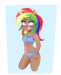 Size: 629x772 | Tagged: safe, artist:darkynez, kotobukiya, rainbow dash, human, equestria girls, g4, bare shoulders, blushing, bra, breasts, clothes, dark skin, embarrassed, embarrassed body exposure, kotobukiya rainbow dash, panties, sleeveless, solo, underwear