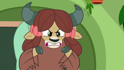 Size: 1280x720 | Tagged: safe, screencap, yona, yak, a matter of principals, g4, season 8, angry, be my friend, bowtie, cloven hooves, gritted teeth, monkey swings, solo, teeth, this will not end well, yak rage
