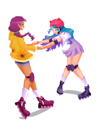 Size: 3111x4000 | Tagged: safe, artist:windywendy29, izzy moonbow, sunny starscout, human, g5, boots, clothes, commission, cute, dress, duo, elbow pads, eyes closed, female, grin, helmet, holding hands, hoodie, humanized, izzybetes, knee pads, lesbian, nervous, roller skates, rollerblades, ship:moonscout, shipping, shirt, shoes, shorts, simple background, smiling, socks, sundress, sunnybetes, t-shirt, white background