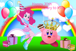 Size: 3000x2000 | Tagged: safe, artist:magical-mama, artist:sugar-loop, artist:user15432, pinkie pie, human, equestria girls, g4, anniversary, balloon, barely eqg related, birthday, birthday cake, birthday gift, cake, cloud, crossover, crown, food, gift wrapped, hat, high res, jewelry, kirby, kirby (series), kirby pie, looking at you, open mouth, party, party hat, present, rainbow, regalia