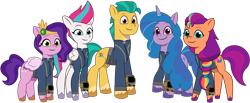 Size: 1024x420 | Tagged: safe, artist:php170, hitch trailblazer, izzy moonbow, pipp petals, sunny starscout, zipp storm, earth pony, pegasus, pony, unicorn, fallout equestria, g5, my little pony: tell your tale, adorapipp, adorazipp, clothes, cute, fallout, female, group, hitchbetes, hooves, izzybetes, jumpsuit, looking at you, male, mane five, mane stripe sunny, mare, pipboy, show accurate, simple background, smiling, smiling at you, stallion, standing, sunnybetes, tail, transparent background, unshorn fetlocks, vault suit, vector