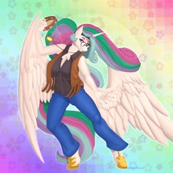 Size: 4000x4000 | Tagged: safe, artist:sintacle, princess celestia, alicorn, anthro, unguligrade anthro, g4, abstract background, absurd resolution, bellbottoms, big breasts, breasts, busty princess celestia, cleavage, clothes, female, glasses, hippie, jewelry, large wings, looking at you, mare, musical instrument, nail polish, necklace, pants, smiling, smiling at you, solo, tambourine, vest, wings