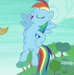 Size: 463x464 | Tagged: safe, screencap, applejack, rainbow dash, earth pony, pegasus, pony, g4, non-compete clause, season 8, animated, butt, cropped, discovery family, discovery family logo, female, flying, gif, hooves on hips, logo, mare, offscreen character, plot, rainboast dash, rainbutt dash, solo, talking