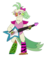 Size: 2448x3264 | Tagged: safe, artist:supahdonarudo, captain celaeno, avian, bird, ornithian, parrot pirates, g4, bow, clothes, ear piercing, earring, electric guitar, five nights at freddy's, five nights at freddy's: security breach, glam rock, glamrock chica, guitar, high res, holding, jewelry, leggings, leotard, lipstick, makeup, musical instrument, piercing, pirate, simple background, transparent background