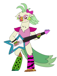 Size: 2448x3264 | Tagged: safe, artist:supahdonarudo, captain celaeno, avian, bird, ornithian, g4, bow, clothes, ear piercing, earring, electric guitar, five nights at freddy's, five nights at freddy's: security breach, glam rock, glamrock chica, guitar, high res, holding, jewelry, leggings, leotard, lipstick, makeup, musical instrument, parrot pirates, piercing, pirate, simple background, transparent background