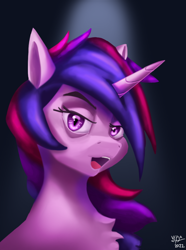 Size: 1000x1346 | Tagged: safe, artist:vezja, twilight sparkle, pony, unicorn, g4, bust, chest fluff, female, horn, looking at you, mare, open mouth, portrait, signature, simple background, spotlight, teeth, unicorn twilight