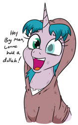 Size: 523x834 | Tagged: safe, artist:jargon scott, oc, oc only, oc:germy, pony, unicorn, blind eye, clothes, dialogue, female, homeless, hoodie, mare, open mouth, open smile, simple background, smiling, talking to viewer, tooth gap, white background