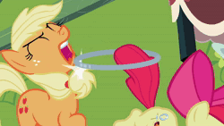 Size: 1920x1080 | Tagged: safe, screencap, apple bloom, applejack, earth pony, pony, g4, season 2, the cutie pox, animated, hatless, missing accessory, ouch, sound, webm