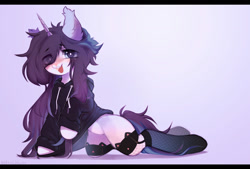 Size: 1280x866 | Tagged: safe, artist:astralblues, oc, oc only, pony, unicorn, cat socks, clothes, eye clipping through hair, female, fishnet stockings, hoodie, mare, solo