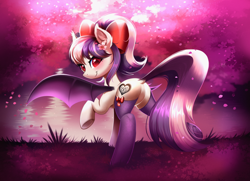 Size: 3082x2237 | Tagged: safe, artist:allyster-black, artist:confetticakez, oc, oc only, oc:sweet velvet, bat pony, pony, g4, bat pony oc, blushing, bow, butt, cherry blossoms, clothes, collaboration, cottagecore, cute, flower, flower blossom, flower in hair, flower petals, forest, high res, lake, looking at you, looking back, looking back at you, plot, ponytail, raised hoof, socks, solo, thigh highs