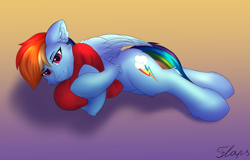 Size: 6109x3900 | Tagged: safe, artist:flapstune, rainbow dash, pegasus, pony, g4, ear fluff, female, fluffy, hug, looking at you, lying, mare, pillow, pillow hug, signature, simple background, smiling, solo, wings