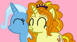 Size: 1034x566 | Tagged: safe, artist:jadeharmony, artist:tech-kitten, adagio dazzle, trixie, pony, unicorn, g4, base used, duo, equestria girls ponified, female, grin, lesbian, mare, pink background, ponified, shipping, simple background, smiling, triagio