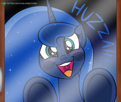 Size: 994x841 | Tagged: safe, artist:doublewbrothers, princess luna, alicorn, pony, against glass, cute, ethereal mane, female, glass, huzzah, looking at you, lunabetes, mare, open mouth, open smile, smiling, solo, sparkly eyes, starry mane, underhoof, uvula, window, wingding eyes