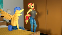 Size: 1920x1080 | Tagged: dead source, safe, artist:greenvazzy, flash sentry, sunset shimmer, pegasus, unicorn, anthro, g4, 3d, breasts, busty sunset shimmer, clothes, duo, female, grope, implied tail hole, jeans, male, pants, partial nudity, self grope, ship:flashimmer, shipping, source filmmaker, spread wings, straight, topless, wingboner, wings