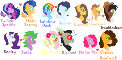 Size: 1280x633 | Tagged: safe, artist:kiaraxkovu27, discord, flash sentry, fluttershy, rainbow dash, rarity, soarin', spike, twilight sparkle, g4, blue eyes, female, green eyes, heart, horn, interspecies, jewelry, male, red eyes, ring, ship:discoshy, ship:flashlight, ship:soarindash, ship:sparity, shipping, signature, snaggletooth, straight, transgender, wings