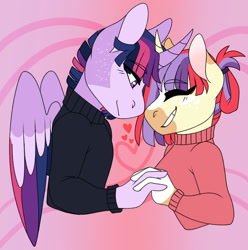 Size: 1280x1291 | Tagged: safe, artist:rainbowquasar, moondancer, twilight sparkle, alicorn, unicorn, anthro, g4, clothes, colored wings, dusk shine, eyebrows, eyebrows visible through hair, eyes closed, female, grin, half r63 shipping, heart, holding hands, horn, horns are touching, male, mare, multicolored wings, prince dusk, rule 63, ship:duskdancer, ship:twidancer, shipping, smiling, stallion, straight, sweater, turtleneck, twilight sparkle (alicorn), wings