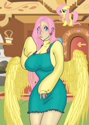 Size: 1000x1414 | Tagged: safe, artist:mmmmmmagick, fluttershy, human, pegasus, pony, g4, big breasts, breasts, busty fluttershy, clothes, dress, humanized, looking at you, solo, sweater, sweatershy, winged humanization, wings