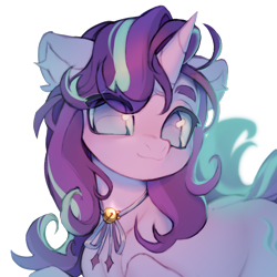 Size: 1858x1858 | Tagged: safe, artist:myscherri, starlight glimmer, pony, unicorn, collaboration:choose your starlight, g4, alternate hairstyle, collaboration, cute, eye clipping through hair, female, glimmerbetes, jewelry, mare, necklace, no pupils, simple background, smiling, solo, white background