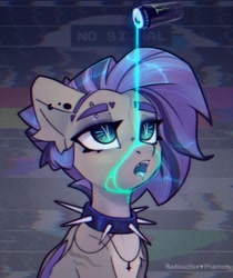Size: 2858x3399 | Tagged: safe, artist:radioaxi, oc, oc only, oc:poisoned calluna, bat pony, pony, bat pony oc, bust, can, choker, cross, drink, female, high res, inverted cross, jewelry, mare, monster energy, necklace, open mouth, signature, solo, spiked choker