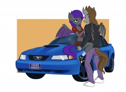 Size: 2048x1506 | Tagged: safe, artist:qbellas, oc, oc only, oc:devin, oc:night breeze, bat pony, anthro, bat pony oc, belly button, belt, breasts, butt touch, car, cleavage, clothes, converse, convertible, duo, female, ford, ford mustang, hand on butt, hand on shoulder, happy, holding, hoodie, implied wing hole, jacket, license plate, looking at each other, looking at someone, love, male, oc x oc, purple mane, shipping, shoes, short shirt, shorts, simple background, sitting, smiling, socks, sports car, straight, tail, tail hole, vehicle, white background, wings