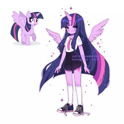 Size: 800x800 | Tagged: safe, artist:bambieyhs, twilight sparkle, alicorn, human, pony, g4, clothes, cute, cutie mark on human, female, horn, horned humanization, human ponidox, humanized, long hair, necktie, pleated skirt, pony coloring, self paradox, self ponidox, simple background, skirt, solo, twiabetes, twilight sparkle (alicorn), white background, winged humanization, wings