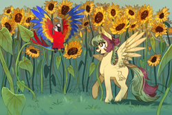 Size: 1800x1200 | Tagged: safe, artist:duckjifs246, oc, oc only, bird, parrot, pegasus, pony, commission, female, flower, mare, open mouth, open smile, smiling, solo, spread wings, sunflower, wings