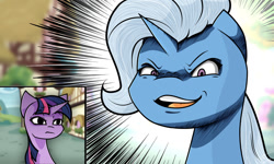 Size: 1280x768 | Tagged: safe, artist:those kids in the corner, trixie, twilight sparkle, pony, unicorn, g4, bust, duo, duo female, eyebrows, eyebrows visible through hair, female, frown, jojo reference, mare, meme, open mouth, open smile, ponyville, smiling, wojak