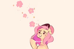 Size: 1500x1000 | Tagged: safe, artist:yun_nhee, fluttershy, pony, g4, blushing, bust, cherry blossoms, cute, ear fluff, female, flower, flower blossom, mare, pink background, shyabetes, simple background, solo