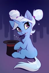 Size: 1086x1616 | Tagged: safe, artist:taneysha, trixie, pony, unicorn, alternate hairstyle, blank flank, chest fluff, cute, diatrixes, female, filly, filly trixie, hat, magic wand, mouth hold, pigtails, solo, top hat, younger