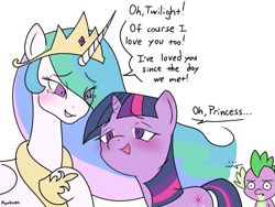 Size: 1895x1428 | Tagged: safe, artist:hyakuen, princess celestia, spike, twilight sparkle, alicorn, dragon, pony, unicorn, g4, ..., blushing, confession, crying, ethereal mane, eye clipping through hair, eyebrows, eyebrows visible through hair, female, frown, funny, grin, hoof on chest, i love you, lesbian, lesbian in front of boys, looking at each other, looking at someone, male, mare, open mouth, open smile, ship:twilestia, shipping, shocked, shocked expression, signature, simple background, smiling, spike is not amused, tears of joy, trio, unamused, unicorn twilight, white background