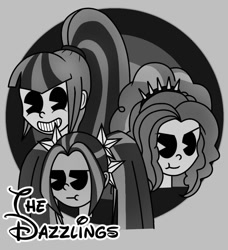 Size: 891x979 | Tagged: safe, artist:knackmaster77, adagio dazzle, aria blaze, sonata dusk, human, equestria girls, g4, 2017, black and white, bust, grayscale, monochrome, old art, rubber hose animation, the dazzlings