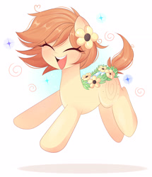 Size: 3808x4429 | Tagged: safe, artist:franshushu, oc, oc only, oc:thursday, earth pony, pony, 4chan, cute, female, flower, flower in hair, happiness, happy, jumping, mare, simple background, smiling, solo, thursday, weekday ponies, white background