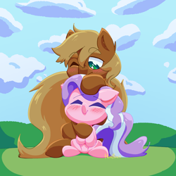 Size: 2000x2000 | Tagged: safe, artist:headhazed, diamond tiara, oc, oc:jack of trades, earth pony, pony, g4, blushing, cloud, earth pony oc, eyes closed, female, field, filly, foal, grass, head pat, high res, hug, hug from behind, one eye closed, pat, sitting, size difference, sky