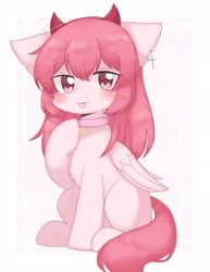 Size: 1582x2048 | Tagged: safe, artist:ginmaruxx, oc, oc only, pegasus, pony, blushing, commission, cute, eye clipping through hair, female, horns, looking at you, mare, ocbetes, raised hoof, simple background, sitting, solo, star of david, tongue out, white background, wings