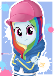 Size: 680x946 | Tagged: safe, artist:fluttershy_art.nurul, rainbow dash, human, equestria girls, g4, my little pony equestria girls: better together, alone, cape, clothes, drawing, hat, hijab, islam, jacket, looking at you, pink eyes, shirt, solo, veil