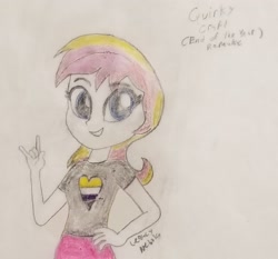 Size: 2818x2631 | Tagged: safe, artist:legacynebula, oc, oc only, oc:quirky craft, human, equestria girls, g4, devil horn (gesture), eye clipping through hair, eyebrows, eyebrows visible through hair, hand on hip, high res, nonbinary, signature, sketch, solo, traditional art