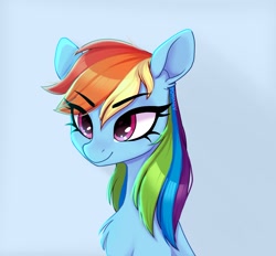 Size: 1948x1807 | Tagged: safe, artist:_alixxie_, rainbow dash, pegasus, pony, g4, bust, eye clipping through hair, eyebrows, eyebrows visible through hair, female, light blue background, mare, portrait, signature, simple background, smiling, solo