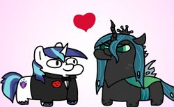 Size: 1300x800 | Tagged: safe, artist:fluttershank, queen chrysalis, shining armor, changeling, changeling queen, pony, unicorn, canterlot wedding 10th anniversary, a canterlot wedding, g4, bowtie, changeling wings, clothes, crown, fangs, female, gray background, heart, infidelity, jewelry, male, marriage, regalia, ship:shining chrysalis, shipping, simple, simple background, squatpony, straight, suit, wedding, wings