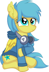 Size: 5356x7924 | Tagged: safe, artist:cyanlightning, oc, oc only, oc:cerulean sky, pegasus, pony, .svg available, absurd resolution, clothes, ear fluff, female, headphones, hoodie, simple background, sitting, solo, teenager, transparent background, vector