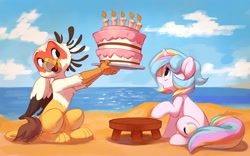 Size: 4000x2500 | Tagged: safe, artist:vistamage, oc, oc only, oc:oofy colorful, oc:vistamage, griffon, pony, unicorn, cake, candle, duo, female, food, griffon oc, high res, horn, male, mare, oc x oc, oofymage, open mouth, open smile, shipping, sitting, smiling, straight, unicorn oc