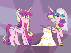 Size: 2048x1536 | Tagged: safe, artist:mintymelody, princess cadance, queen chrysalis, alicorn, pony, canterlot wedding 10th anniversary, a canterlot wedding, g4, clothes, dress, duo, fake cadance, female, folded wings, mare, messy mane, this day aria, wedding dress, wings