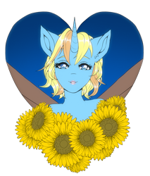 Size: 2303x2700 | Tagged: safe, artist:st. oni, oc, oc only, oc:skydreams, unicorn, anthro, artificial wings, augmented, bust, female, flower, heart, high res, looking at you, mare, mechanical wing, portrait, simple background, solo, sunflower, transparent background, wings