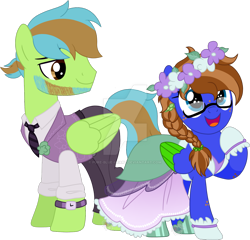 Size: 1280x1229 | Tagged: safe, artist:pure-blue-heart, oc, oc only, oc:bluebook, oc:harmonic melody, pegasus, pony, beard, blue eyes, brown eyes, clothes, colored wings, couple, dress, facial hair, female, floral head wreath, flower, freckles, gala dress, glasses, jewelry, male, mare, simple background, size difference, stallion, suit, transparent background, two toned mane, two toned wings, watermark, wings