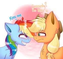 Size: 1958x1834 | Tagged: safe, artist:galaxy swirl, applejack, rainbow dash, earth pony, pegasus, pony, g4, applejack's hat, blushing, cowboy hat, duo, duo female, eyebrows, eyebrows visible through hair, female, frown, grin, hat, lesbian, looking at each other, looking at someone, mare, ship:appledash, shipping, smiling