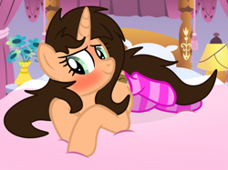 Size: 1442x1080 | Tagged: safe, artist:cstrawberrymilk, artist:small-brooke1998, oc, oc only, oc:small brooke, pony, unicorn, g4, base used, bed, clothes, pose, socks, solo, striped socks
