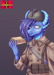 Size: 1155x1600 | Tagged: safe, oc, oc:smold, dragon, equestria at war mod, breasts, clothes, eating, military uniform, uniform