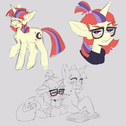 Size: 3000x3000 | Tagged: safe, artist:exxi00, moondancer, twilight sparkle, pony, unicorn, g4, blushing, book, duo, female, floppy ears, glasses, gray background, high res, lying down, mare, prone, reading, simple background, sketch