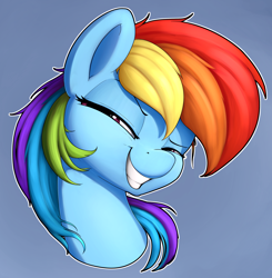 Size: 2734x2793 | Tagged: safe, artist:whiskeypanda, rainbow dash, pegasus, pony, g4, bust, eyebrows, faic, female, grin, gritted teeth, high res, lidded eyes, looking sideways, mare, raised eyebrow, shit eating grin, simple background, smiling, smug, smugdash, solo, squint, teeth